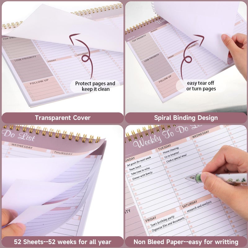 مفكرة قائمة المهام الأسبوعية، مقاس 8.5 × 11 بوصة، مخطط مكتبي أسبوعي مع 52 ورقة قابلة للتمزيق، مخطط أسبوعي غير مؤرخ، متتبع للعادات ومنظم للإنتاجية للمنزل والمدرسة والعمل، لون أرجواني فاتح - Image 4